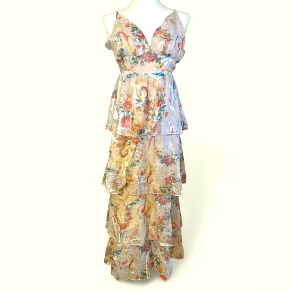 Franco floral jacquard chiffon tiered midi size large cream NWOT dress - Picture 2 of 14